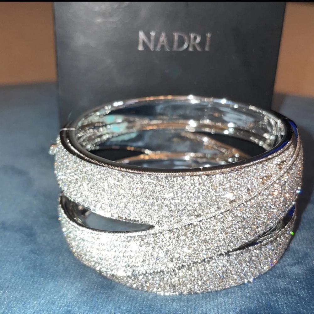 Nadri Micro Pave' Criss Cross Design Hinged Bangle Bracelet in silver STUNNING